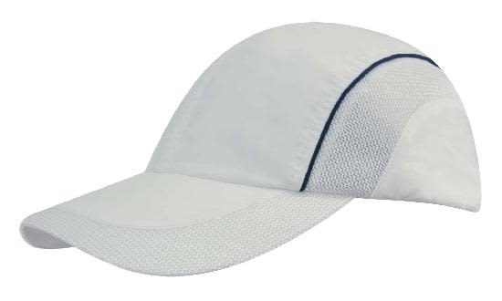 Spring Woven Fabric with Mesh to Side Panels and Peak HE-3802 A white cap with woven fabric, mesh side panels, and a peak, featuring a logo.