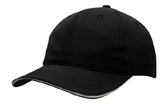 Spring Woven Fabric with Wind Strap & Clip HE-3817 A black cap featuring a woven fabric, wind strap, and clip. It has a curved brim and a logo.