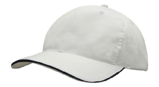 Spring Woven Fabric with Wind Strap & Clip HE-3817 A white cap with a contrasting dark trim, featuring a woven fabric and a wind strap with a clip.