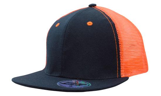 Premium American Twill with Mesh Back & Snap Back Pro Styling HE-3818 A cap featuring a navy blue front and bright orange mesh back, designed with a snapback closure and pro styling.