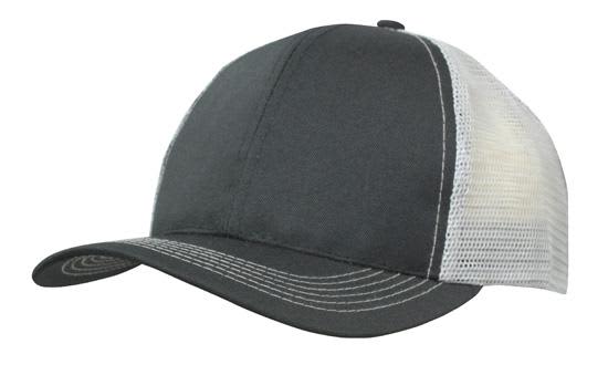 Breathable Poly Twill With Mesh Back HE-3819 A grey cap with a breathable mesh back and a curved brim, featuring a logo on the front.