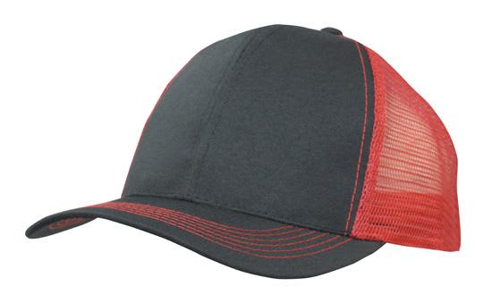 Breathable Poly Twill With Mesh Back HE-3819 A breathable poly twill cap with a red mesh back and a curved brim, featuring a logo on the front.