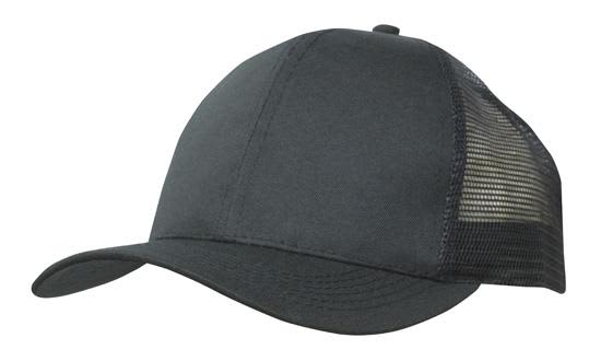Breathable Poly Twill With Mesh Back HE-3819 A black breathable poly twill cap with a mesh back and a curved peak. It features a logo on the front.