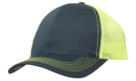 Breathable Poly Twill With Mesh Back HE-3819 A navy blue cap with a breathable mesh back in fluorescent yellow and contrasting stitching. It features a logo.