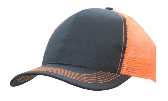 Breathable Poly Twill With Mesh Back HE-3819 A cap featuring a breathable poly twill structure with a mesh back in navy and orange colours. It has a logo on the front.