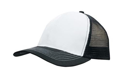 Breathable Poly Twill With Mesh Back HE-3819 A black and white cap featuring a breathable poly twill front and a mesh back, with a curved brim and stitching details.
