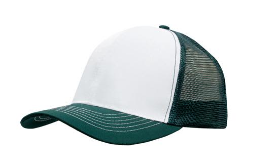 Breathable Poly Twill With Mesh Back HE-3819 A cap featuring a white front and a green mesh back, with a curved brim and stitching detail.