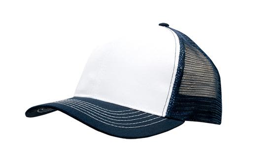 Breathable Poly Twill With Mesh Back HE-3819 A breathable white poly twill cap with a navy mesh back and a curved brim. It features a logo on the front.