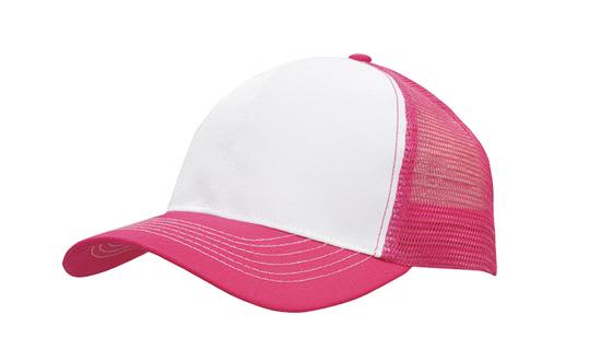 Breathable Poly Twill With Mesh Back HE-3819 A pink and white cap featuring a breathable poly twill front and mesh back, with a logo on the side.