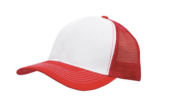 Breathable Poly Twill With Mesh Back HE-3819 A red and white cap with a breathable mesh back and a curved brim, featuring a logo on the front.