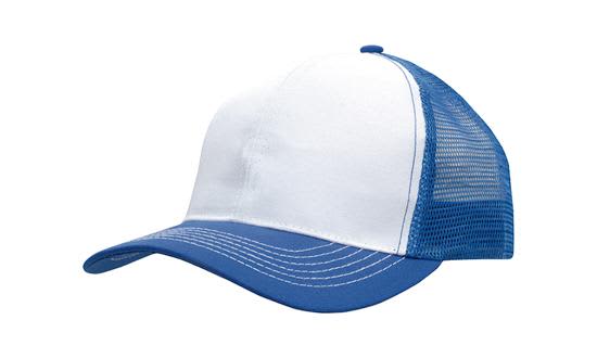 Breathable Poly Twill With Mesh Back HE-3819 A blue and white cap with a mesh back and a curved brim, featuring a logo on the front.