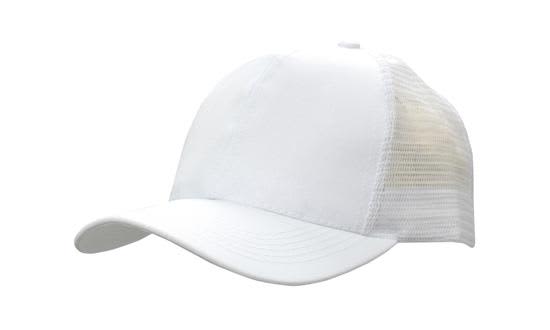 Breathable Poly Twill With Mesh Back HE-3819 A white cap featuring a breathable poly twill front and a mesh back, complete with a logo on the front.