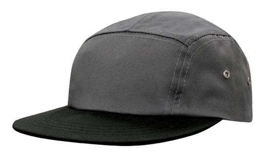 Cotton Twill Square Front HE-3899 A grey cap with a black brim, featuring ventilation holes and a logo on the side.