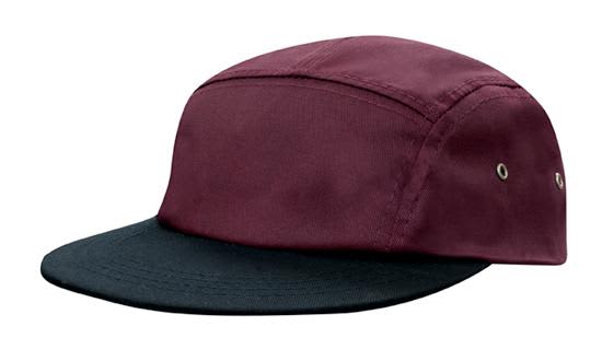 Cotton Twill Square Front HE-3899 A maroon and black cap with a square front design and eyelets on the sides. It features a subtle logo.