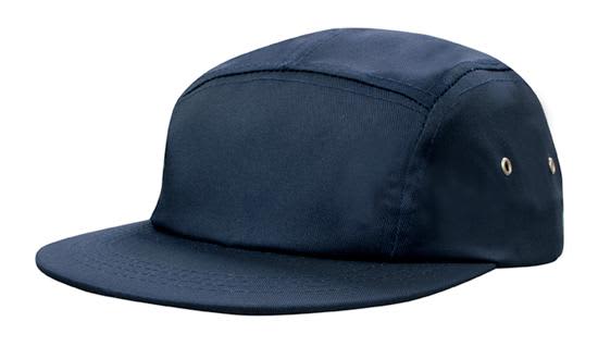 Cotton Twill Square Front HE-3899 A navy blue cotton twill hat with a square front and ventilation eyelets. Features a logo on the side.