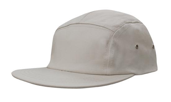 Cotton Twill Square Front HE-3899 A cotton twill cap in a light beige colour with a flat brim and vent holes on the sides. It features a logo.