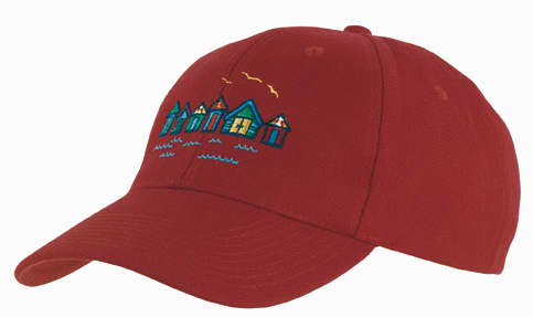 Premium American Twill College Cap HE-3919 A red college cap with an embroidered design featuring houses and waves. It includes a logo on the front.
