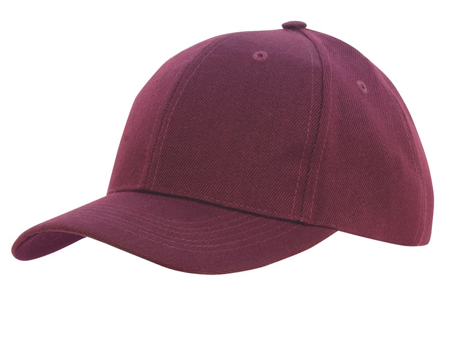 Premium American Twill College Cap HE-3919 A maroon college cap featuring a curved brim and a logo, made from premium twill material.