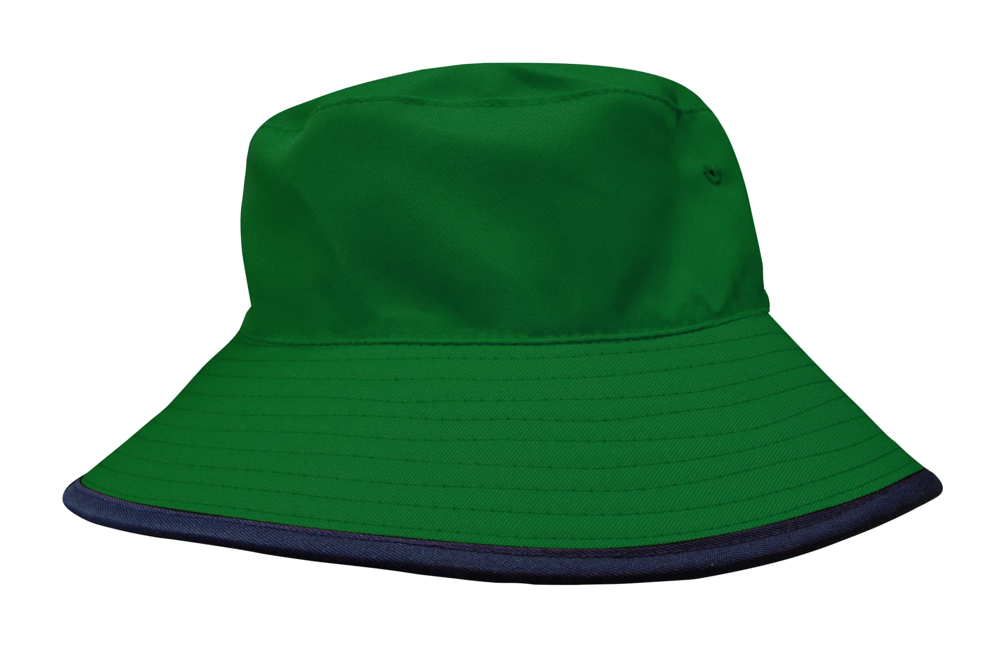 Reversible Breathable Poly Twill Bucket Hat HE-3935 A reversible bucket hat in green with a navy brim, made of breathable poly twill fabric, featuring a logo.
