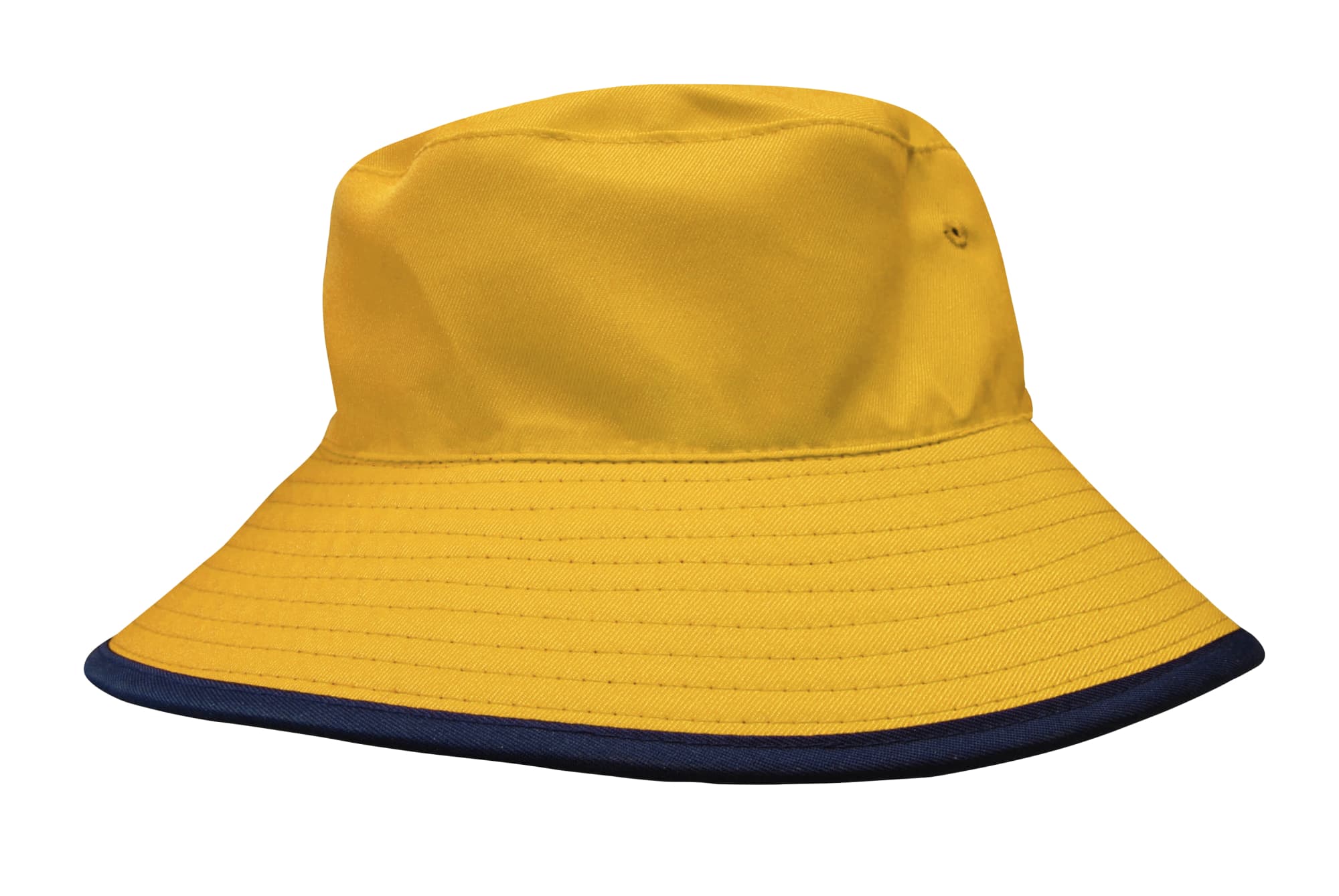 Reversible Breathable Poly Twill Bucket Hat HE-3935 A yellow reversible bucket hat with a navy blue brim and a logo on the side.