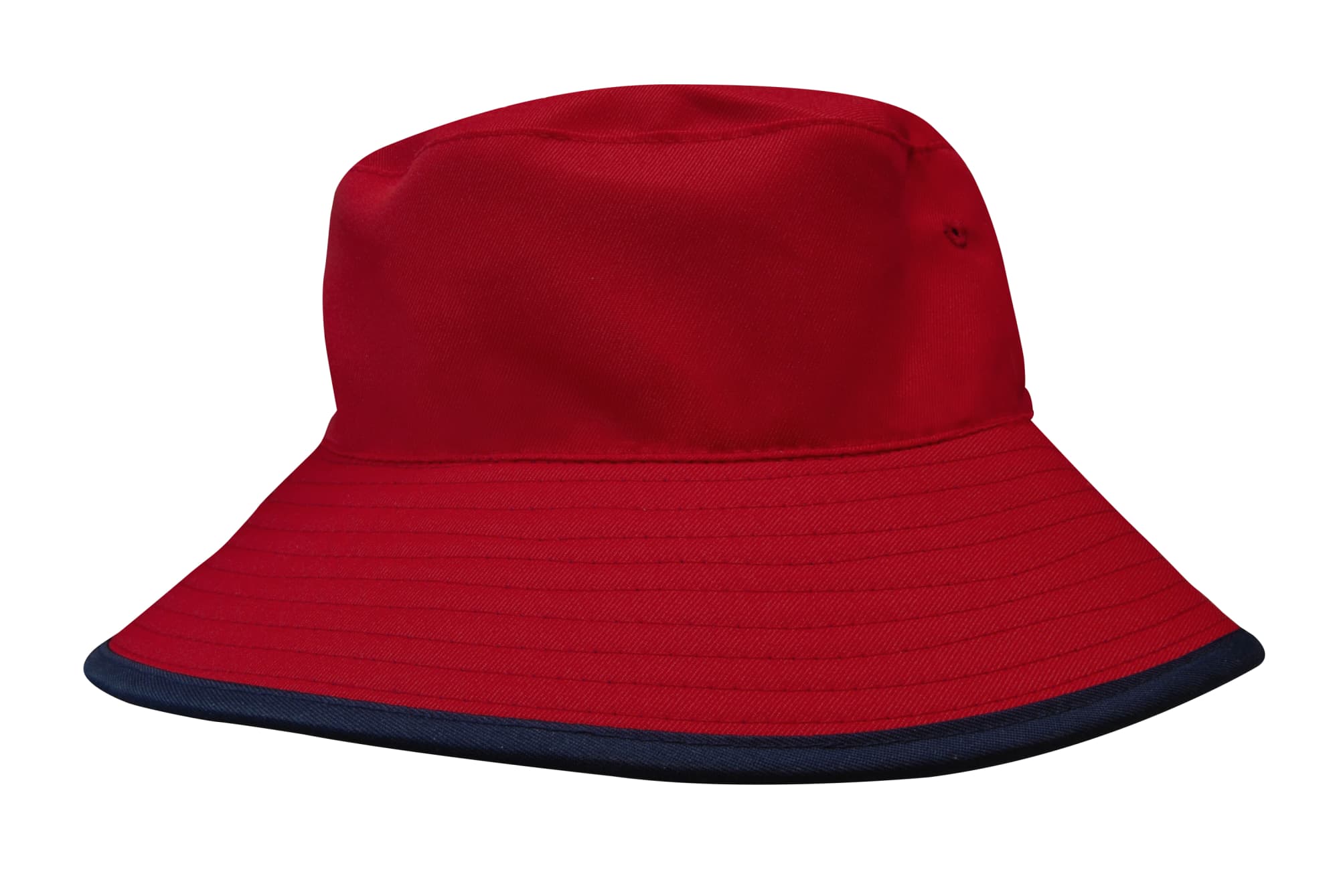 Reversible Breathable Poly Twill Bucket Hat HE-3935 A reversible bucket hat in red with a navy blue brim, featuring branding. Made from breathable poly twill fabric.