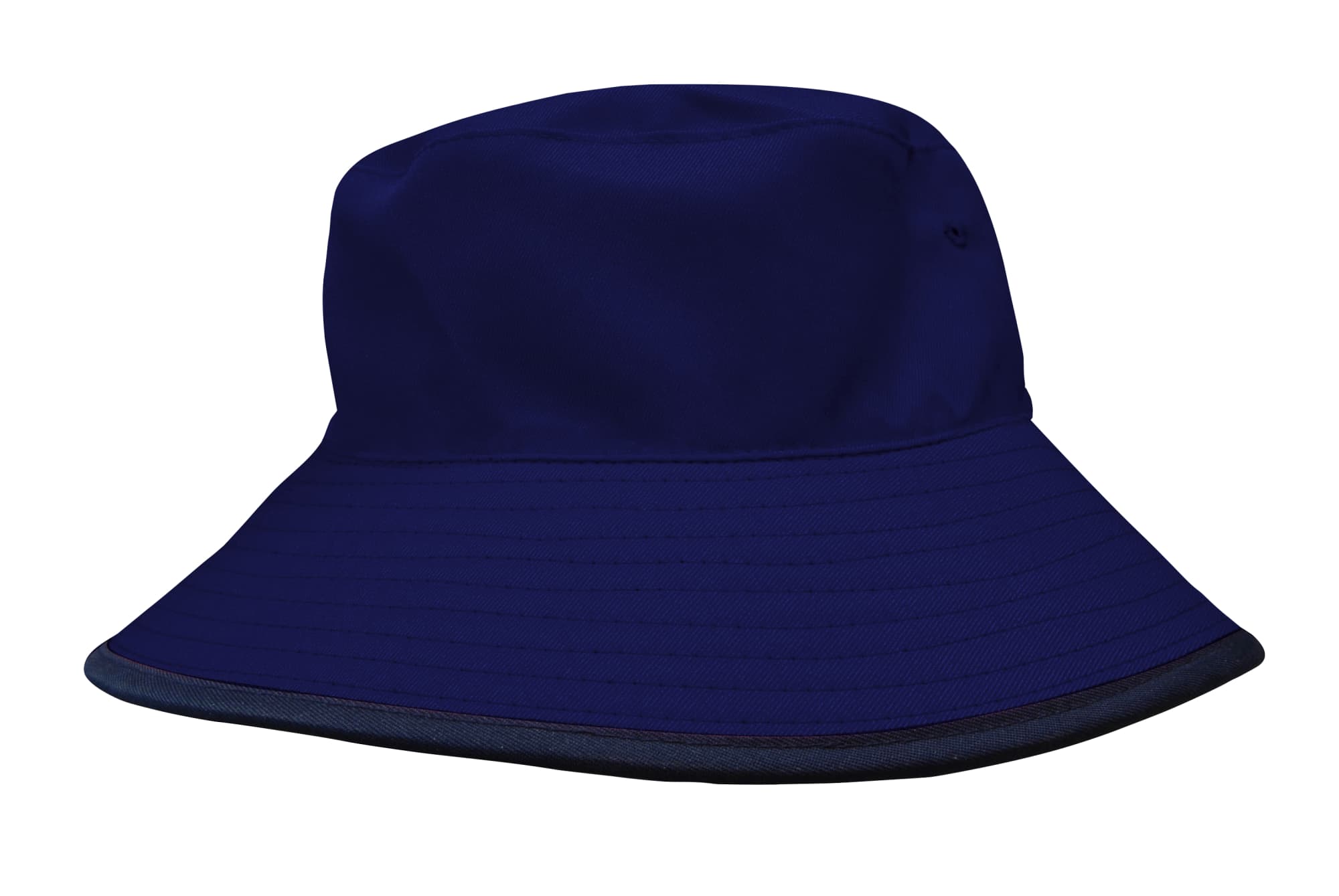 Reversible Breathable Poly Twill Bucket Hat HE-3935 A navy blue reversible breathable poly twill bucket hat with a wide brim and a logo.