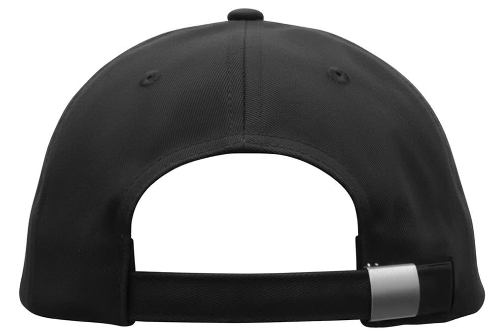 Cotton Twill Cap with Buckle HE-3964 A black cotton twill cap with a buckle closure and a logo on the back.