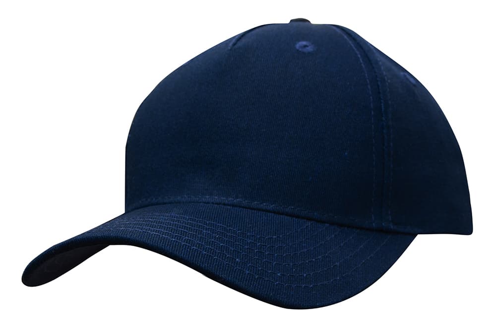 Cotton Twill Cap with Buckle HE-3963 A navy cotton twill cap with a buckle and a stitched brim, featuring a logo on the front.