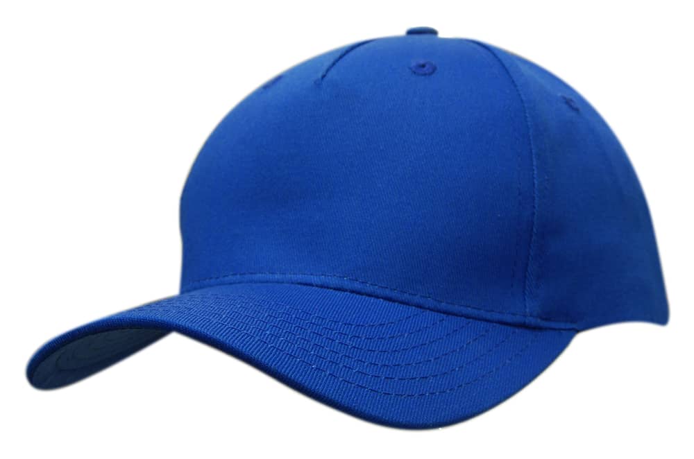 Cotton Twill Cap with Buckle HE-3963 A blue cotton twill cap with a buckle and a curved visor, featuring a branding logo.