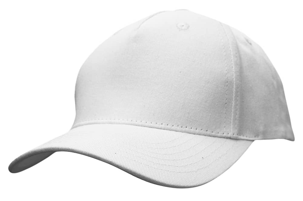 Cotton Twill Cap with Buckle HE-3963 A white cotton twill cap with a buckle closure and a curved brim, featuring a logo.