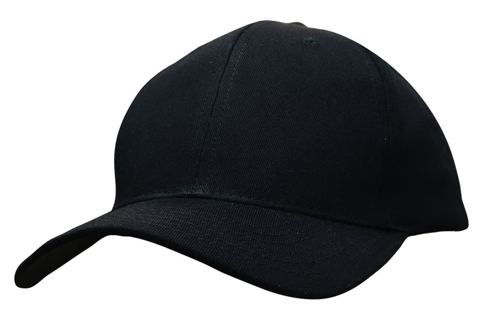 Cotton Twill Cap with Buckle HE-3964 A black cotton twill cap with a buckle at the back and a structured peak. It features a logo on the front.