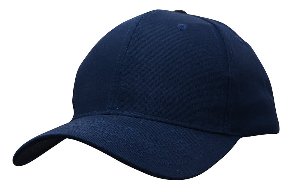 Cotton Twill Cap with Buckle HE-3964 A navy blue cotton twill cap with a buckle and a logo on the front.