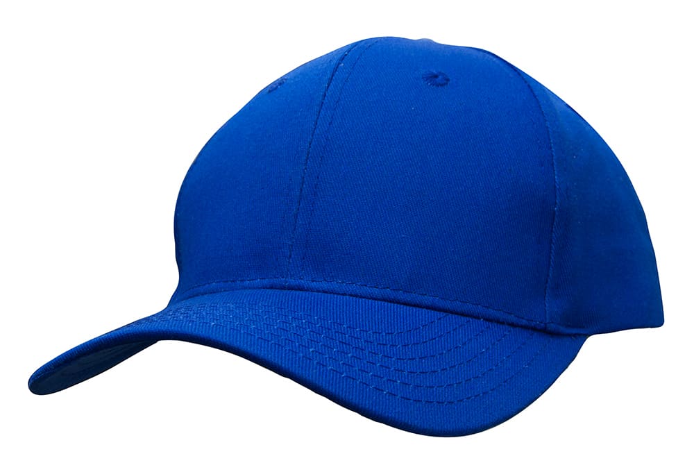 Cotton Twill Cap with Buckle HE-3964 A blue cotton twill cap with a buckle and a logo on the front.