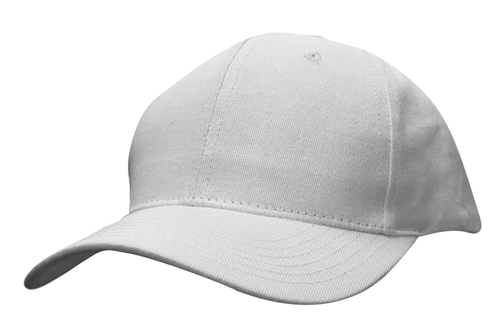 Cotton Twill Cap with Buckle HE-3964 A white cotton twill cap with a buckle on the back and a curved brim, featuring a logo.