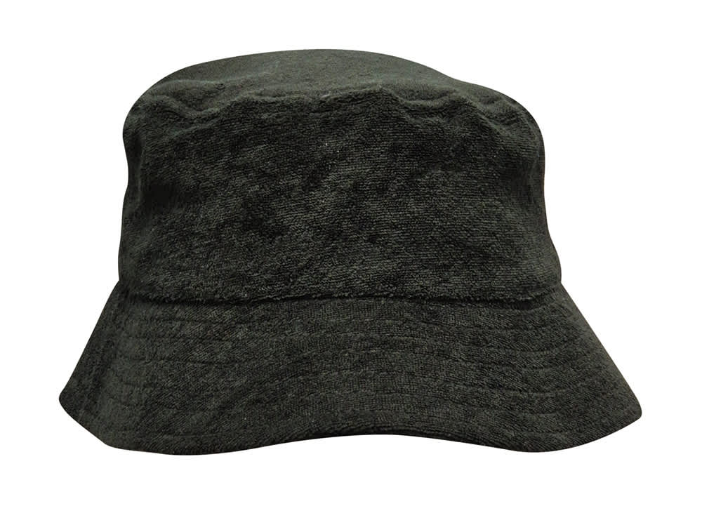 Terry Towelling Bucket Hat HE-3970 A black terry towelling bucket hat with a soft texture and wide brim. It features a subtle logo on the side.