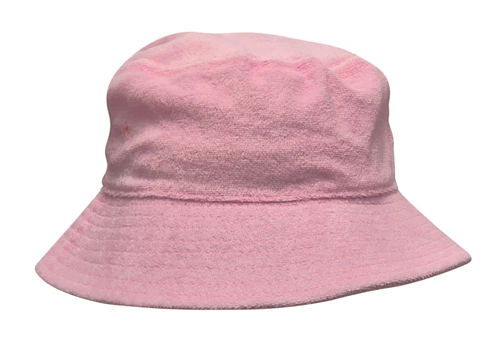 Terry Towelling Bucket Hat HE-3970 A pink terry towelling bucket hat with a wide brim and soft texture, featuring a logo.
