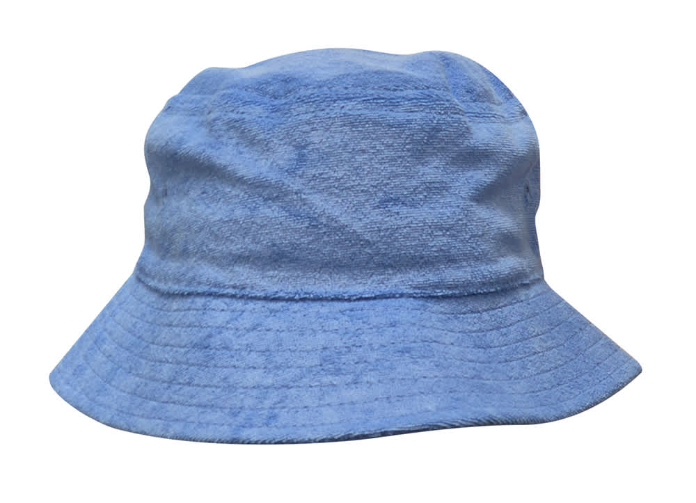 Terry Towelling Bucket Hat HE-3970 A blue terry towelling bucket hat with a wide brim and a soft texture. It includes a logo.