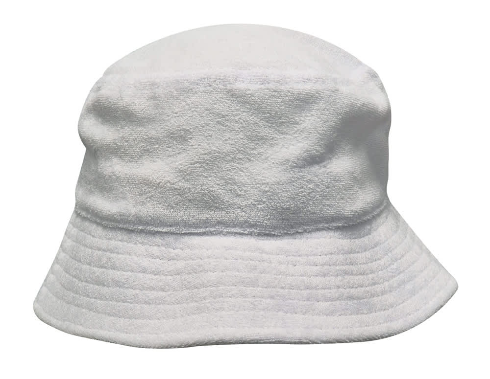 Terry Towelling Bucket Hat HE-3970 A white Terry Towelling Bucket Hat featuring a soft texture and a simple design, complete with a logo.