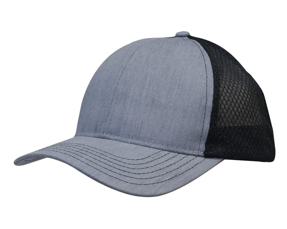 Light Brushed Poly Cotton Marle with honeycomb mesh HE-3971 A grey cap with a brushed poly cotton marle front and honeycomb mesh side panels. It features a logo.