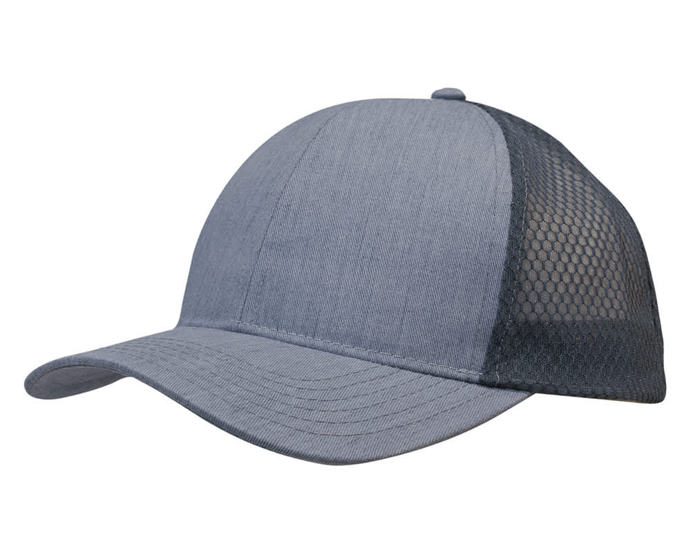 Light Brushed Poly Cotton Marle with honeycomb mesh HE-3971 A grey cap featuring a brushed poly cotton marle front and honeycomb mesh side panels, complete with a logo.