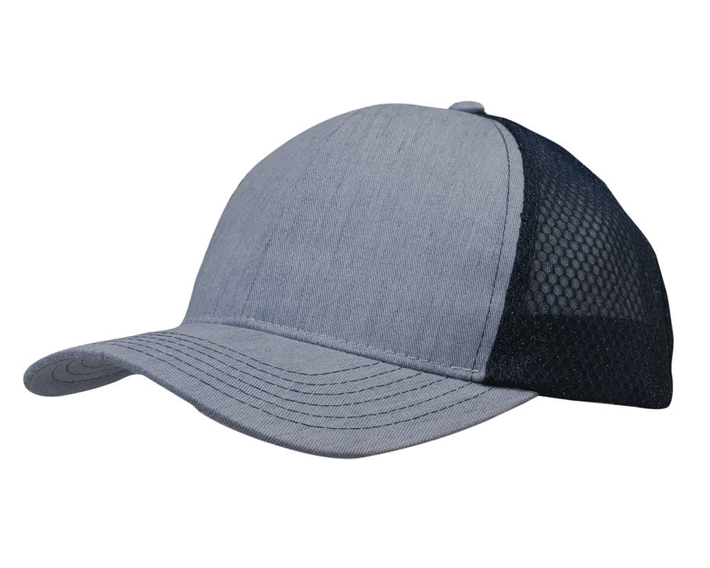 Light Brushed Poly Cotton Marle with honeycomb mesh HE-3971 A grey cap featuring light brushed poly cotton marle with honeycomb mesh panels on the side and back.