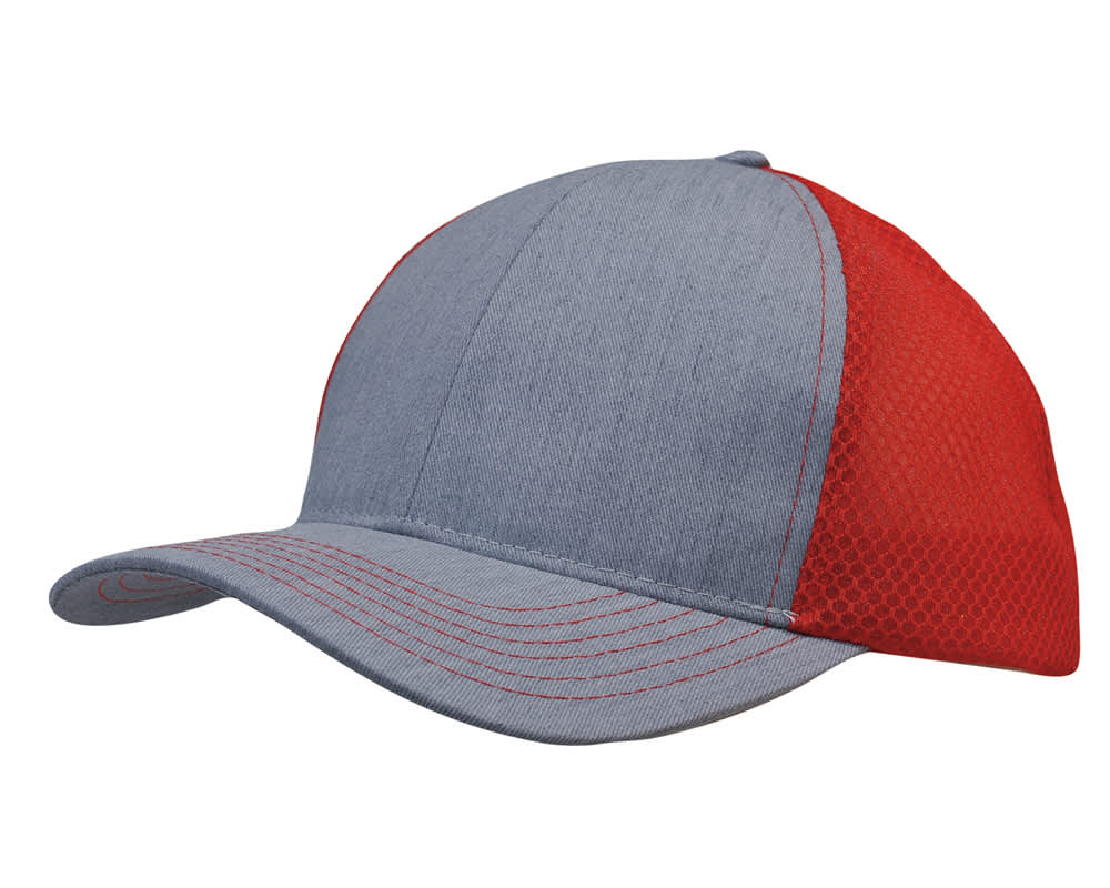 Light Brushed Poly Cotton Marle with honeycomb mesh HE-3971 A cap featuring a light brushed poly cotton marle design with a honeycomb mesh, in grey and red colours.