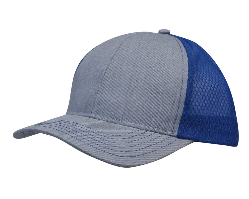 Light Brushed Poly Cotton Marle with honeycomb mesh HE-3971 A cap in light brushed poly cotton marle with a blue honeycomb mesh side panel and curved brim. It features a logo.