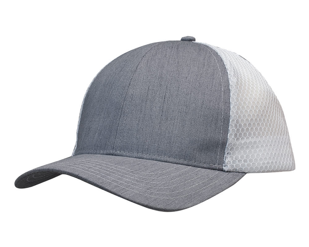 Light Brushed Poly Cotton Marle with honeycomb mesh HE-3971 A grey cap featuring light brushed poly cotton marle and honeycomb mesh sides. Includes a branded logo.