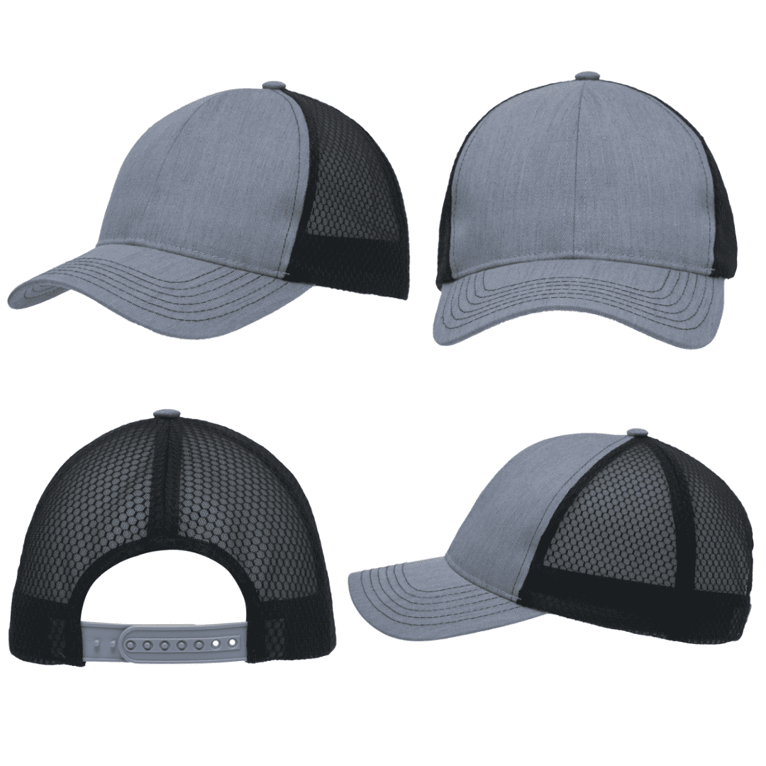 Light Brushed Poly Cotton Marle with honeycomb mesh HE-3971 A cap featuring a light brushed poly cotton marle front and honeycomb mesh sides, in grey with a black mesh back.
