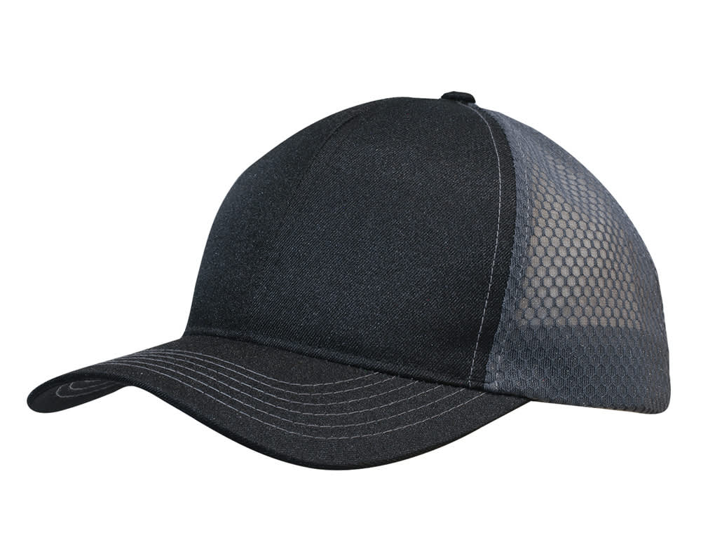 Breathable poly twill with honeycomb mesh HE-3972 A black cap featuring breathable poly twill and honeycomb mesh panels on the sides.