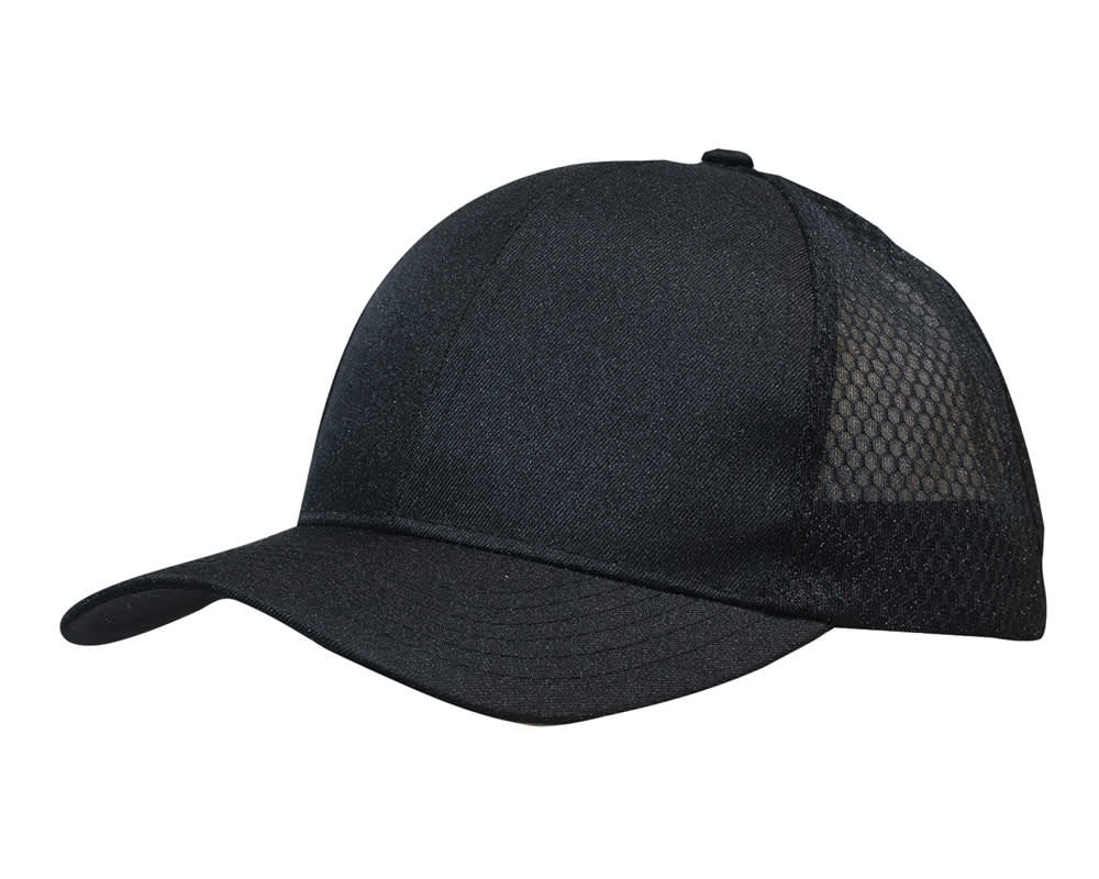 Breathable poly twill with honeycomb mesh HE-3972 A black cap made of breathable poly twill with honeycomb mesh panels, featuring a logo on the side.