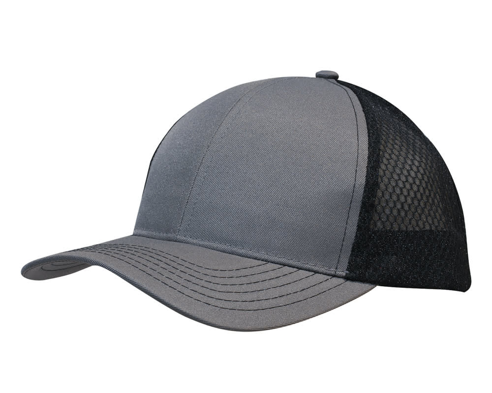 Breathable poly twill with honeycomb mesh HE-3972 A grey cap featuring breathable poly twill and a black honeycomb mesh side, complete with a built-in logo.