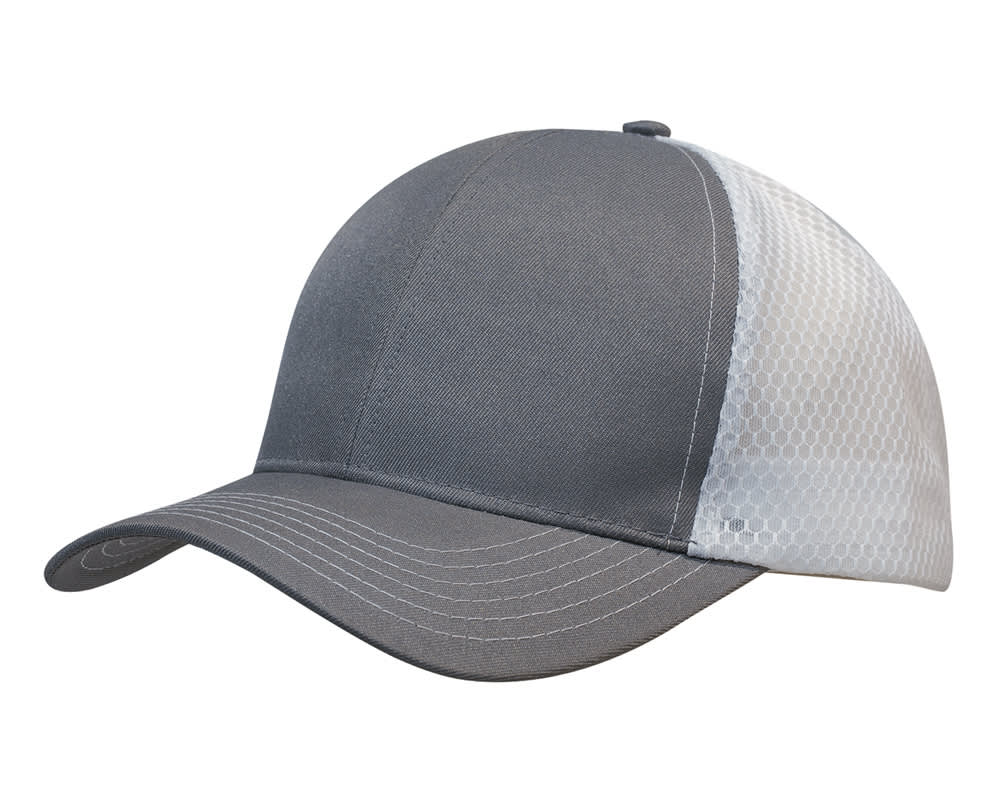 Breathable poly twill with honeycomb mesh HE-3972 A grey cap featuring a breathable poly twill front and honeycomb mesh side. Includes a branding logo.