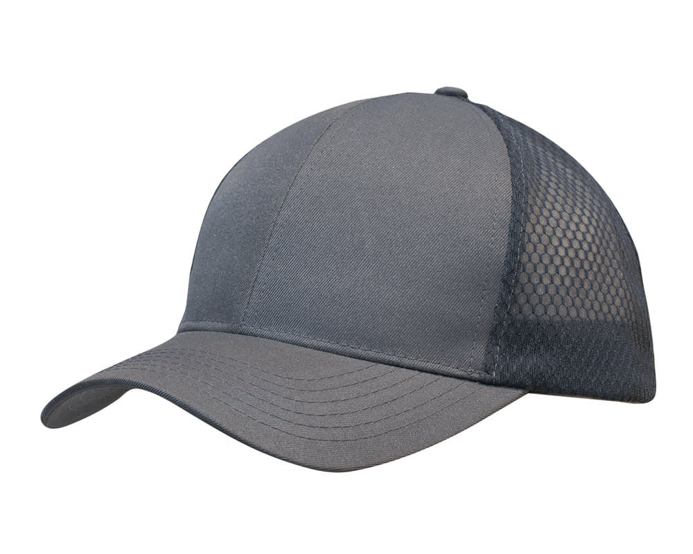 Breathable poly twill with honeycomb mesh HE-3972 A grey cap made from breathable poly twill with honeycomb mesh panels. The cap features a logo on the front.